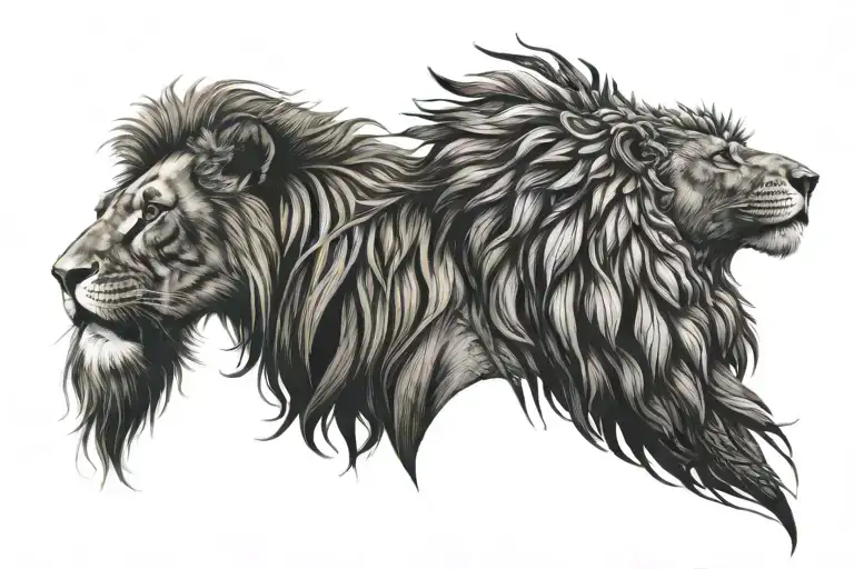 a single beautiful colorfulwhole phoenix bird, and a single black and white lion wearing a 5-point crown.  tattoo design idea