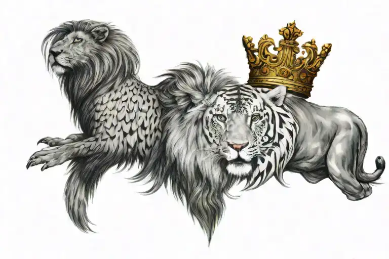 a single beautiful colorful whole phoenix bird, and a single black and white lion wearing a 5-point crown.  tattoo design idea