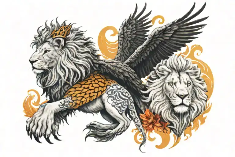 a beautiful colorfulwhole phoenix bird, and a black and white lion wearing a 5-point crown.  tattoo design idea