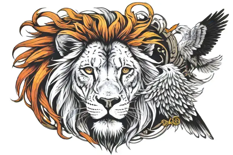 a single beautiful colorful whole phoenix bird, and a single black and white lion wearing a 5-point crown.  tattoo design idea