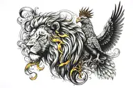 a beautiful colorful whole phoenix bird rising from its ashes, and a black and white lion wearing a 5-point crown.  tattoo design idea
