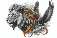 a beautiful colorful whole phoenix bird rising from its ashes, and a black and white lion wearing a 5-point crown.  tattoo design idea