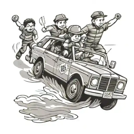 Kids running from a cop car tattoo design idea