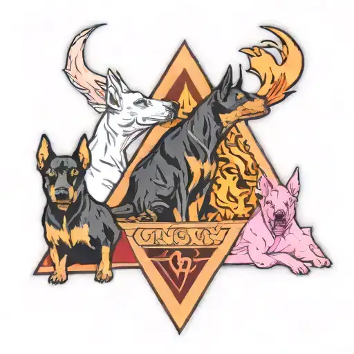 Three-headed Doberman dog Cerberus, with the letter "p" inside, an image inside a triangle with fire, black, red, pink, white tattoo design idea