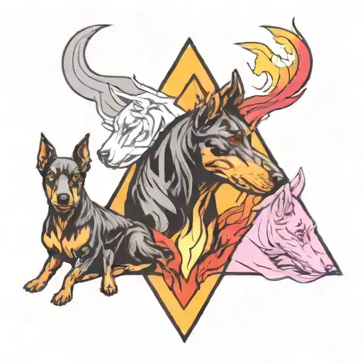 Three-headed Doberman dog Cerberus, with the letter "p" inside, an image inside a triangle with fire, black, red, pink, white tattoo design idea