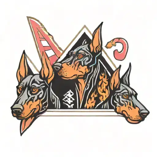 Three-headed Doberman dog Cerberus, with the letter "p" inside, an image inside a triangle with fire, black, red, pink, white tattoo design idea