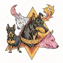 Three-headed Doberman dog Cerberus, with the letter "p" inside, an image inside a triangle with fire, black, red, pink, white tattoo design idea