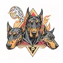 Three-headed Doberman dog Cerberus, with the letter "p" inside, an image inside a triangle with fire, black, red, pink, white tattoo design idea