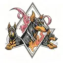 Three-headed Doberman dog Cerberus, with the letter "p" inside, an image inside a triangle with fire, black, red, pink, white tattoo design idea
