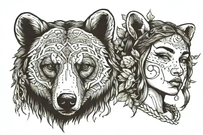 girl's face with bear skin, among forest and mountains tattoo design idea