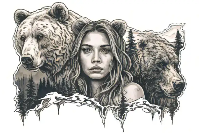 girl's face with bear skin, among forest and mountains tattoo design idea
