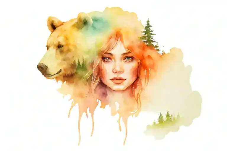girl's face with bear skin, among forest and mountains tattoo design idea