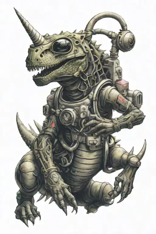 trex wirh unicorn horn wearing a tutu and space helmet  tattoo design idea