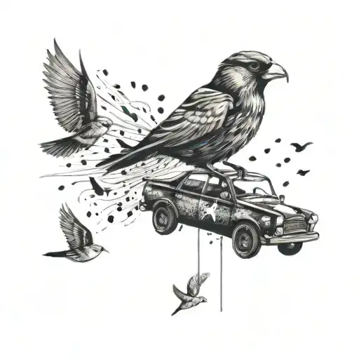 An abstract representation of the feeling of freedom while driving a car, with small birds flying around tattoo design idea
