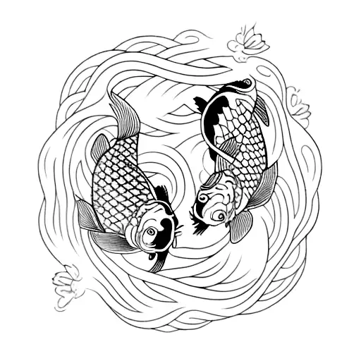Two koi fish with jasmine flower fine line with shading  tattoo design idea