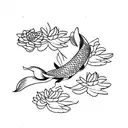 Two koi fish with jasmine flower fine line with shading  tattoo design idea