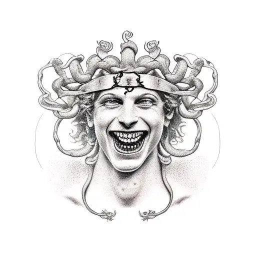 dionysus laughing bust dark deep  grape vine crown tattoo design idea
