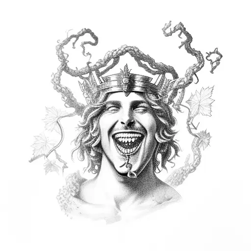 dionysus laughing bust dark deep  grape vine crown tattoo design idea