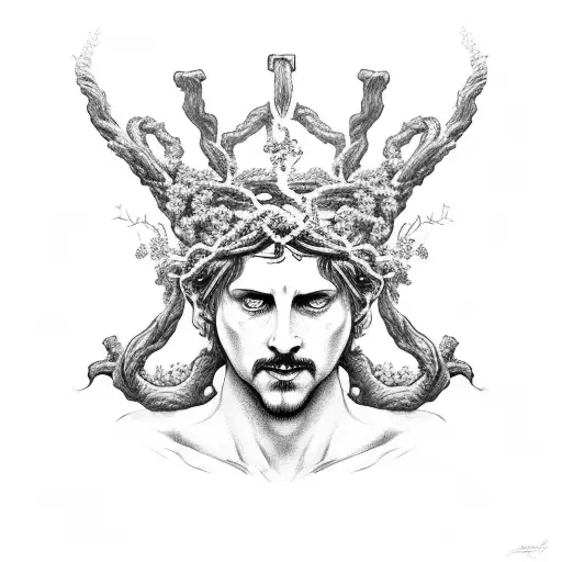dionysus bust dark deep  grape vine crown tattoo design idea