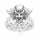 dionysus laughing bust  deep  grape vine headdress tattoo design idea