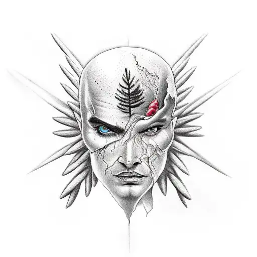 half angel half devil with pine trees tattoo design idea