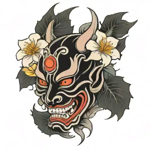 Japanese Hannya mask and flower intertwined tattoo design idea