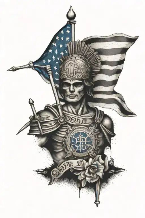st. micheal with thin blue line flag in background tattoo design idea