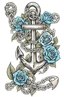 anchor with blue roses and with broken chain  tattoo design idea