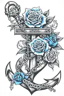 anchor with blue roses and with broken chain  tattoo design idea