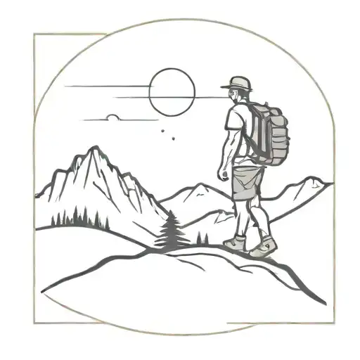 hiker in the mountains with cloud and sun rays tattoo design idea