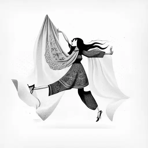 an iranian girl shaking her scarf on the air looking for freedom  tattoo design idea