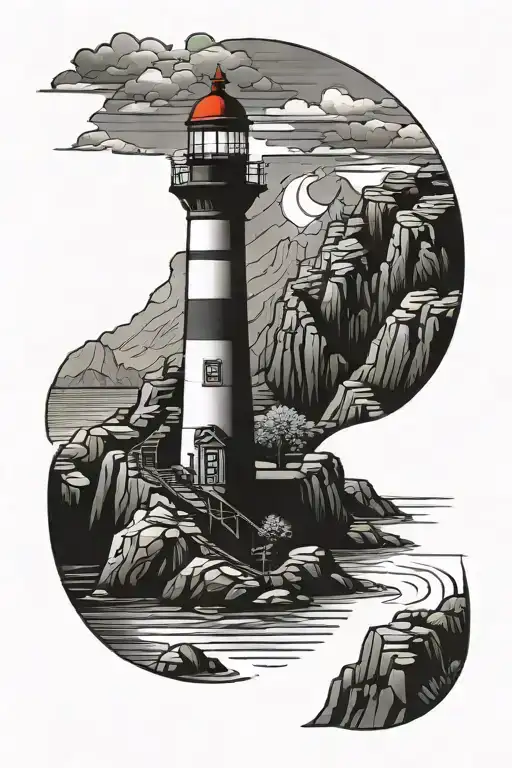lighthouse, canyon and river running tattoo design idea
