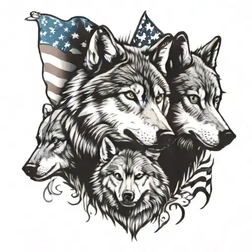 3 wolves heads looking intense with american flag background tattoo design idea