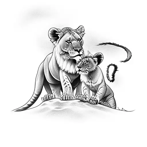Lioness and cub playing in the savannah tattoo design idea
