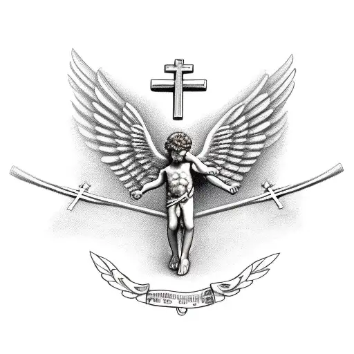 Cupid With crucifix bow tattoo design idea