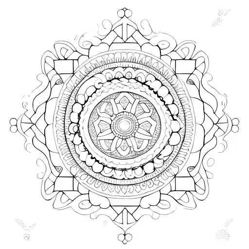 An intricate dotwork design featuring a serene ocean sunset behind towering mountains tattoo design idea