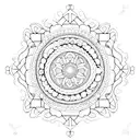 An intricate dotwork design featuring a serene ocean sunset behind towering mountains tattoo design idea