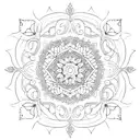 An intricate dotwork design featuring a serene ocean sunset behind towering mountains tattoo design idea