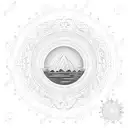 An intricate dotwork design featuring a serene ocean sunset behind towering mountains tattoo design idea