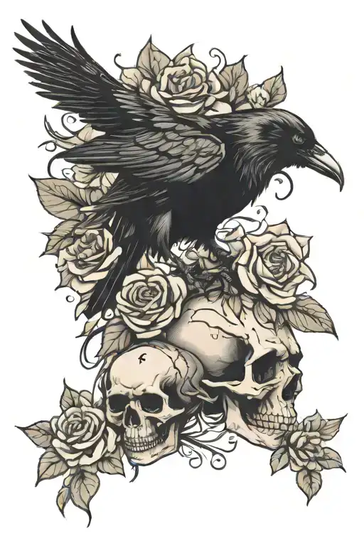 crow and skull and flowers tattoo design idea