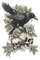 crow and skull and flowers tattoo design idea