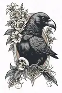 crow and skull and flowers tattoo design idea