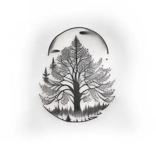 outdoor tree silhouette elbow to shoulder tattoo design idea