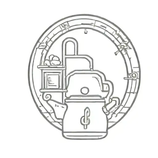 A minimalist tattoo of a museum entrance sign with a musical note and a cooking pot hanging from it tattoo design idea