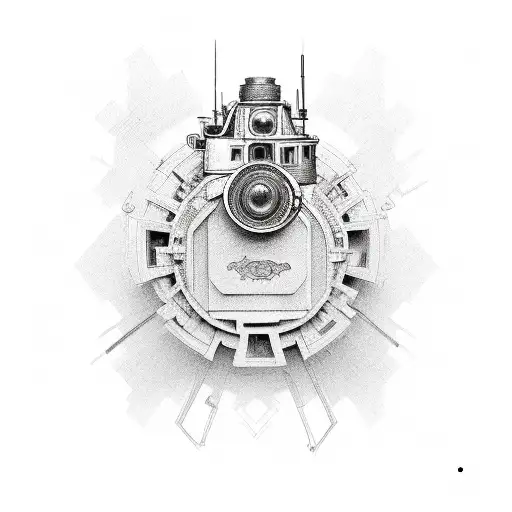 Incorporate a camera shutter and a gear into an intricate mechanical pattern tattoo design idea