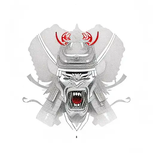 The samurai stands sideways with a menacing look, serious, the color red must be present, it could be a red circle, perh tattoo design idea
