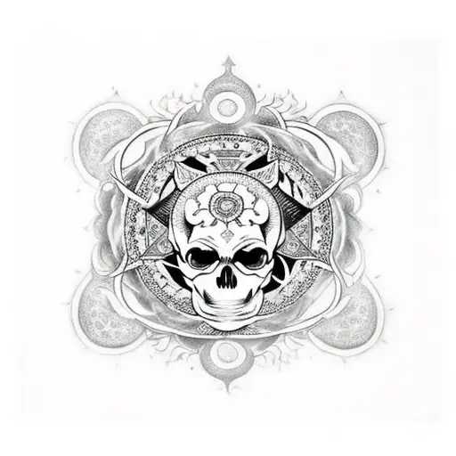 A skull adorned with intricate witch symbols like pentagrams and crescent moons, surrounded by swirling black smoke tattoo design idea