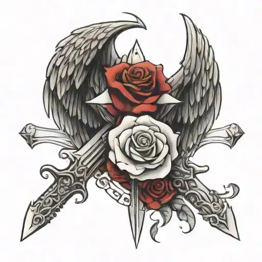 simple sword with one angel wing and one demon wing with rose  tattoo design idea