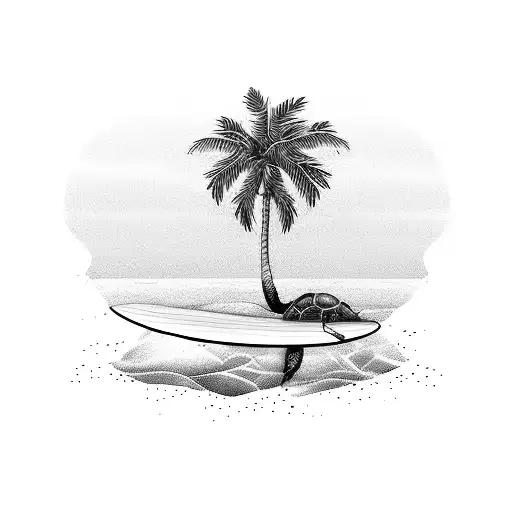 palm tree with surfboard and turtle tattoo design idea
