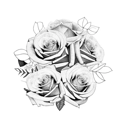 A realistic black and grey lioness surrounded by a beautiful bouquet of roses, symbolizing the strong bond between a mother and son tattoo design idea